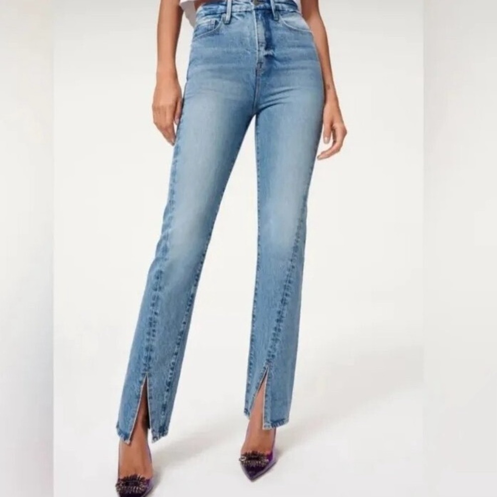 Good American Good Boy Twist Slit Blue Straight Leg Jeans